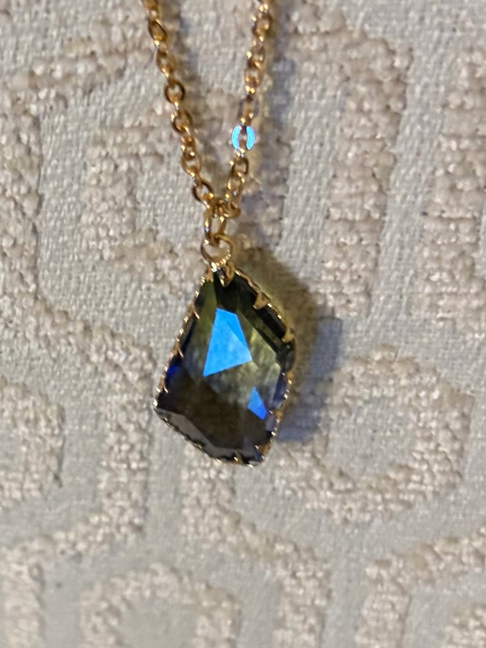 C & B Gold Tone Chain Necklace with Iridescent Blue-Green Crystal Pendant NWT